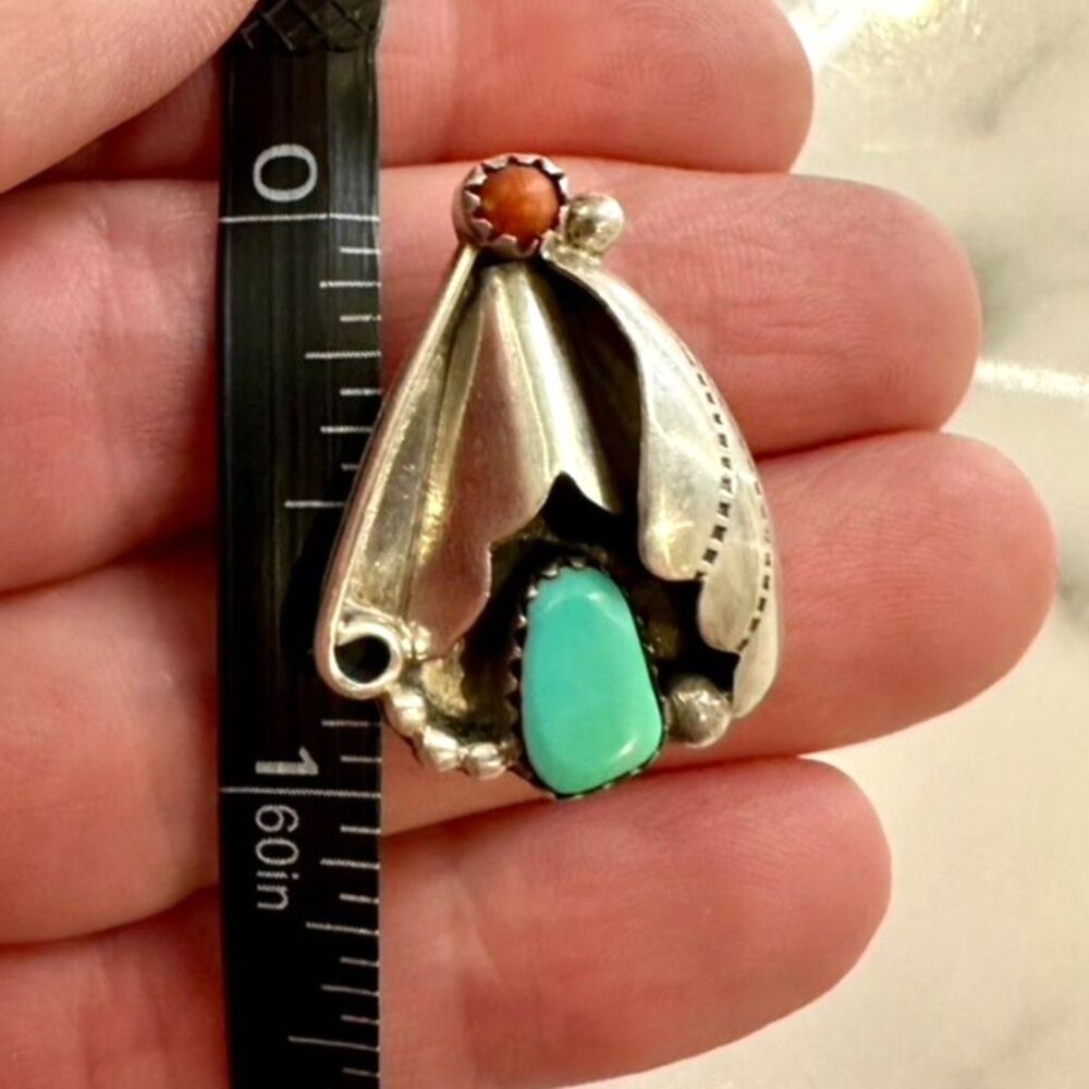Unique Vintage Native American Turquoise & Coral Sterling Silver Ring Size 6 - Picture 8 of 8